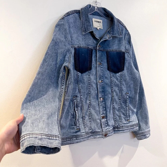 L'Agence Karina Oversized Denim Shadow Pocket Button Down Classic Jean Jacket M - Picture 3 of 10
